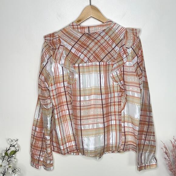 ANTHROPOLOGIE x CURRENT AIR Polly Ruffle Plaid Blouse Orange Cream {S41} - Picture 4 of 6